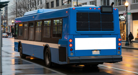 Rear view of a blue city bus on a wet street, featuring a blank sign for advertisement, ideal for transportation and urban mobility concepts