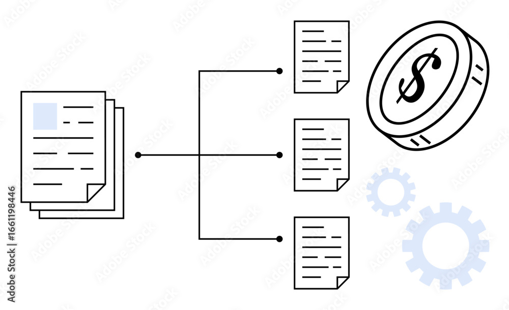 Poster stack of documents branching into categorized files connected to gear icons and a dollar coin. ideal