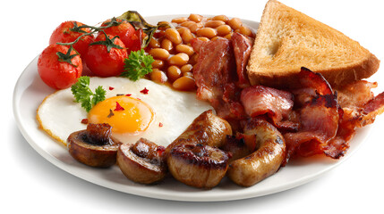 Delicious Full English Breakfast with Sausages, Bacon, Eggs, Baked Beans, Tomatoes, and Toast on a White Plate
