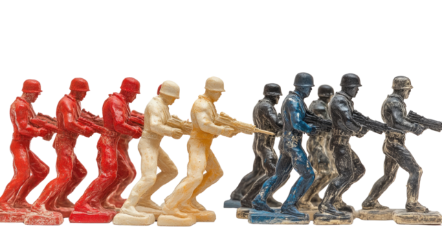 A war battle of toy soldiers isolated on white background