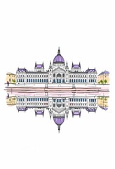 Elegant Building Reflected in Water with Purple Accents