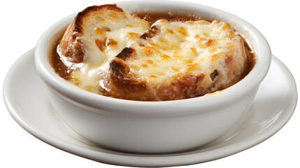 Ultra Realistic French Onion Soup with Melted Cheese and Toasted Bread in a White Bowl on a Plain Background