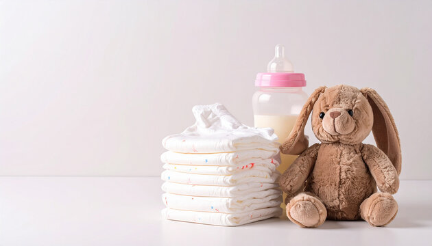 A baby bottle with milk, a stack of diapers, and a plush bunny isolated on white background, showcasing essential newborn care items