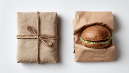 Wrapped present & paper bag with burger, both on white