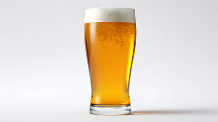 Refreshing Craft Beer in a Clear Glass with Foam on Top Against a Soft White Background