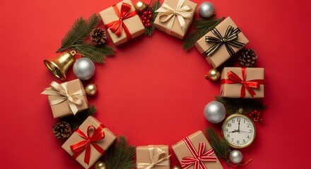 Festive arrangement of Christmas gifts pine sprigs silver baubles and a golden bell encircles a pocket watch against a vibrant red backdrop holiday presents