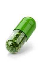 Green herbal capsule, isolated, white background