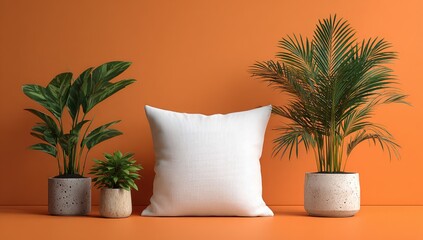 Orange wall, white pillow, potted plants