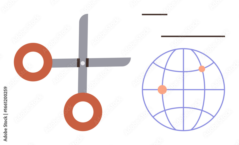 Aufkleber open scissors near a globe with connecting lines and dots, symbolizing communication, connectivity, 