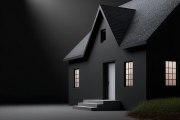 A stark dark house with lit windows and a textured roof stands in a shadowed setting