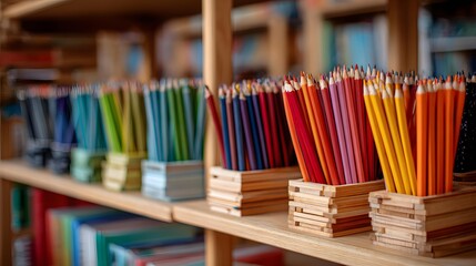 Classroom with neatly stacked books and pencils