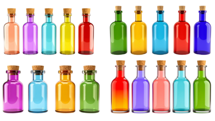 Set of colored glass bottles with cork. 3d rendering bottles.