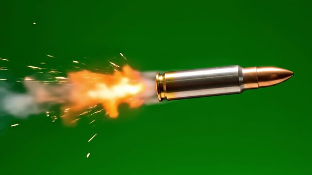 A bullet in mid-flight with smoke and sparks against a green screen, symbolizing speed, power, and impact.