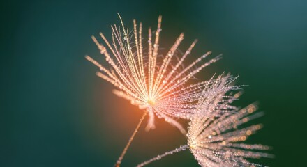 Fototapeta premium Close up of two fluffy dandelion seeds with water droplets in sunlight