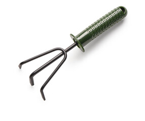 Rake on white background. Gardening tools. Top view