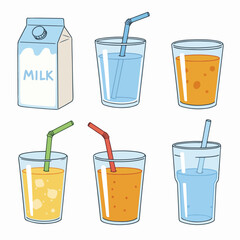 Refreshing cartoon beverages set with milk carton, water, and fruit juices in glasses with colorful straws.