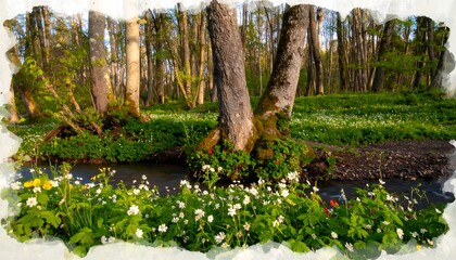 Spring forest scene with wildflowers and stream
