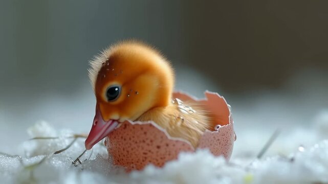Newly hatched chick emerging from its egg in a cozy nest surrounded by soft materials