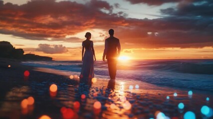A stunning video of a couple walking on the beach. The sunset creates a beautiful backdrop. Perfect for romantic or nature-themed projects. Generative AI - Powered by Adobe