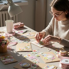 Fototapeta premium Woman Creating Colorful Paper Stickers at Home