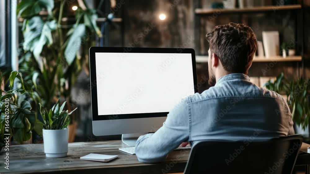 Aufkleber over-the-shoulder angle of a man at a desk, working on a computer. the scene suggests a video call o