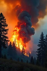 Raging Wildfire Fiery Orange and Black Smoke Billows Through Devastated Forest, Climate Change Impact