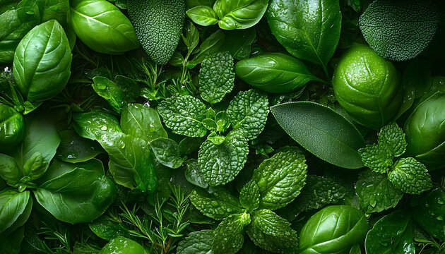 Fresh green herbs background close up of various leaves texture