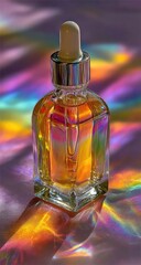 Amber glass dropper bottle on iridescent surface