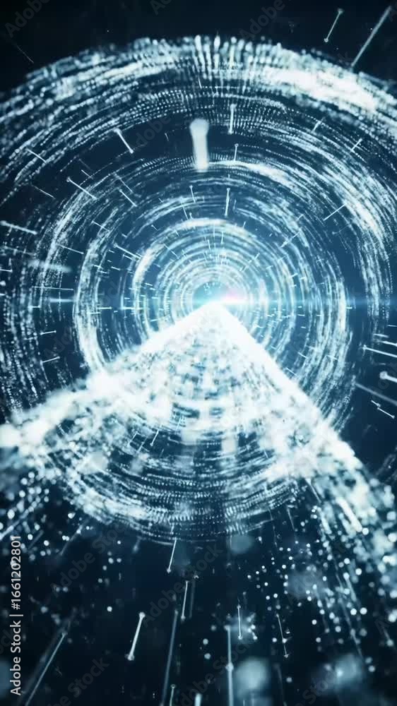 Poster majestic, luminous digital particle vortex and data streams swirl upwards in an infinite cybernetic 
