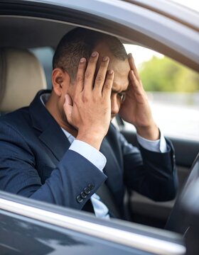 Stressed businessman in car