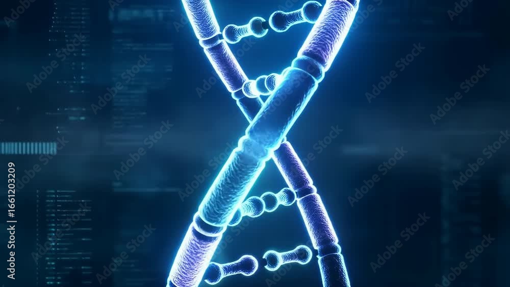 Poster rotating dna double helix with digital data in background