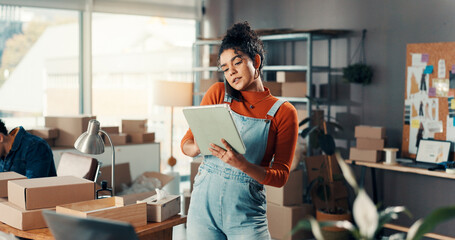 Logistics, phone call and tablet with woman in office for delivery, distribution or shipping. App,...