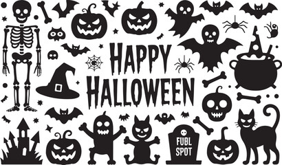 Spooky Halloween Icons Collection, Skeletons, Pumpkins, Cats, Bats, and Decorations for Halloween Fun