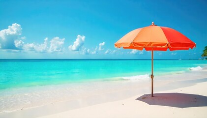 Turquoise Waters Lap Gently on a Bahamas Beach, Offering Perfect Shade Under a Vibrant Umbrella. Ideal for Relaxation, Vacation, and Tropical Getaway Imagery.
