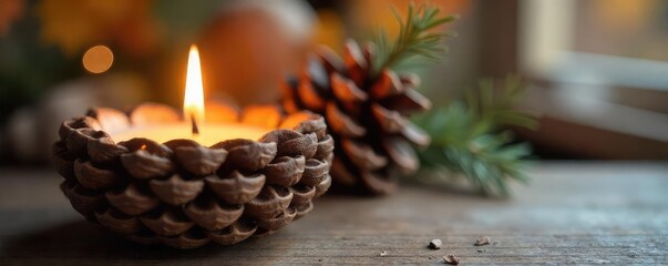 Rustic pine cone candle, handcrafted and natural, perfect for autumn or winter decor Warm, inviting glow, cozy ambiance, woodland theme , handmade, interior design, natural