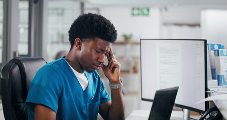 Man, nurse or laptop with headache for online booking or medical admin anxiety. Black person, clinic administration and frustrated with computer, front desk and mistake for planning visit or schedule