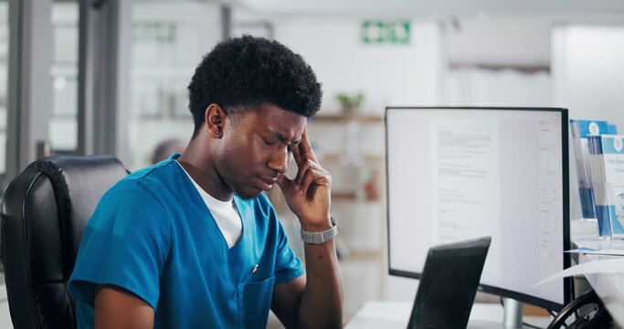 Man, nurse or laptop with headache for online booking or medical admin anxiety. Black person, clinic administration and frustrated with computer, front desk and mistake for planning visit or schedule