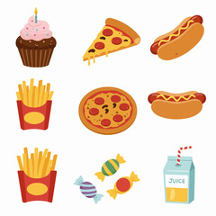 Colorful collection of popular fast food and sweet snacks, including pizza, hot dogs, fries, cupcakes, and candy, on a white background.