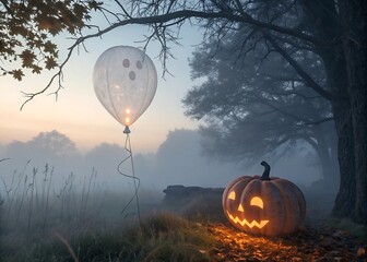 ghostly balloon floating above glowing pumpkin in dark