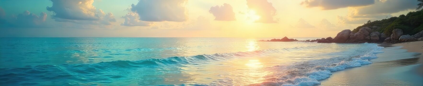 Serene coastal scene depicting a tranquil ocean reflecting a vibrant, sunny sky; evokes feelings of peace and joy Ideal for travel, relaxation, and well-being themes , calm, color