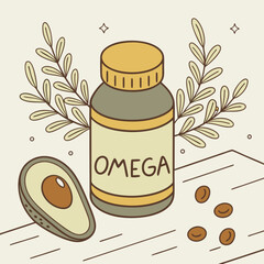 Omega Supplements, Avocado, and Essential Fatty Acids Illustration
