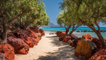 Sandy path leads to a secluded beach, framed by olive trees and red rocks under a vibrant blue sky