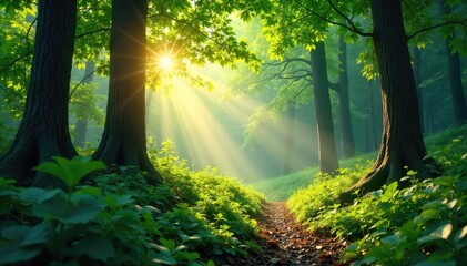 Fototapeta premium Sunlight dapples through leaves in a vibrant, lush forest teeming with life; a tranquil scene of nature's beauty and biodiversity, perfect for relaxation and escape , shadows, green