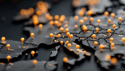 Close-up map of Europe, dark background, orange pins