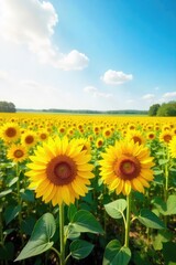 Vibrant yellow sunflower field stretching to the horizon under a bright summer sky Perfect for summer, nature, and agriculture themes Enjoy the beauty of nature's artistry , plants, landscape, sky