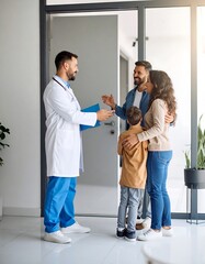 Fototapeta premium Doctor greets a family at the doorway