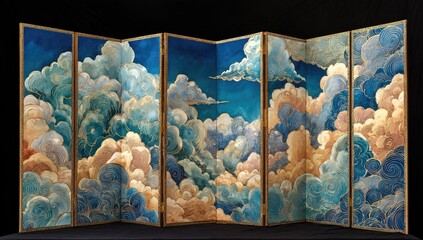 Folding screen Blue & gold sky painting with fluffy clouds and gilded details