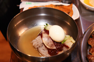 Korean noodle food. Bibim naengmyeon (cold buckwheat noodles)
