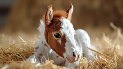 Newborn foal resting on straw in a barn while surrounded by soft hay - Powered by Adobe