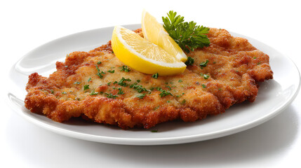 Crispy Veal Milanese with Fresh Lemon Slices and Garnish on a White Plate